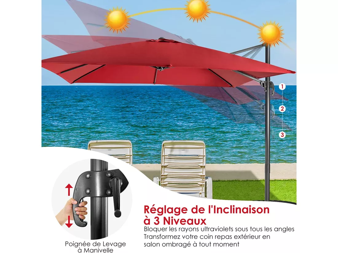 Parasol Déporté Inclinable 3x3M avec Base Croisée Rotatif à 360°,Manivelle,8 Baleines,Event pour Jardin,Terrasse,Vin-Rouge
