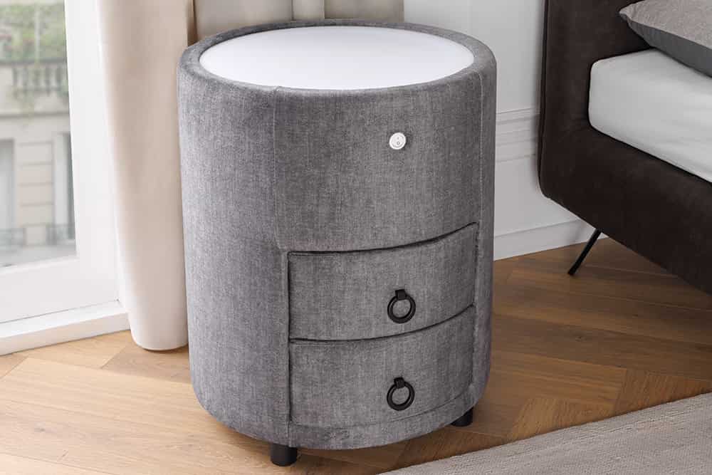 Runder Nachttisch SIGNUM 55cm grau Vogue Velours Samt inkl. Beleuchtung Schubladen
