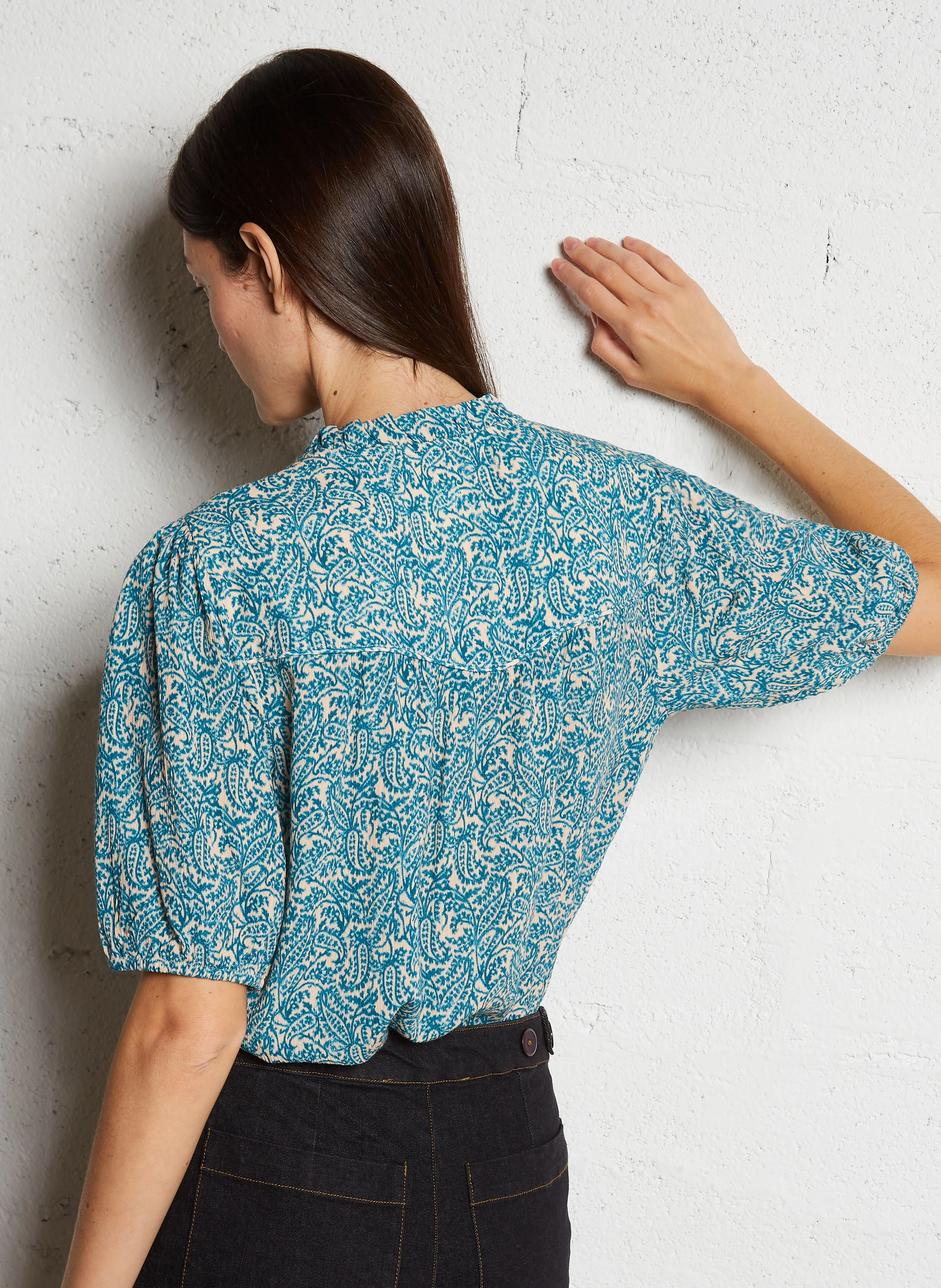 BLUE - Blouse col tunisien droite imprimé | Bleu