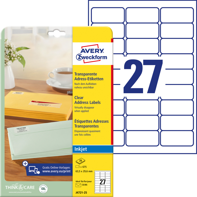 Avery Zweckform Etiketten transparent, J4721-25, 63.5 x 29.6 mm, 25 Blatt