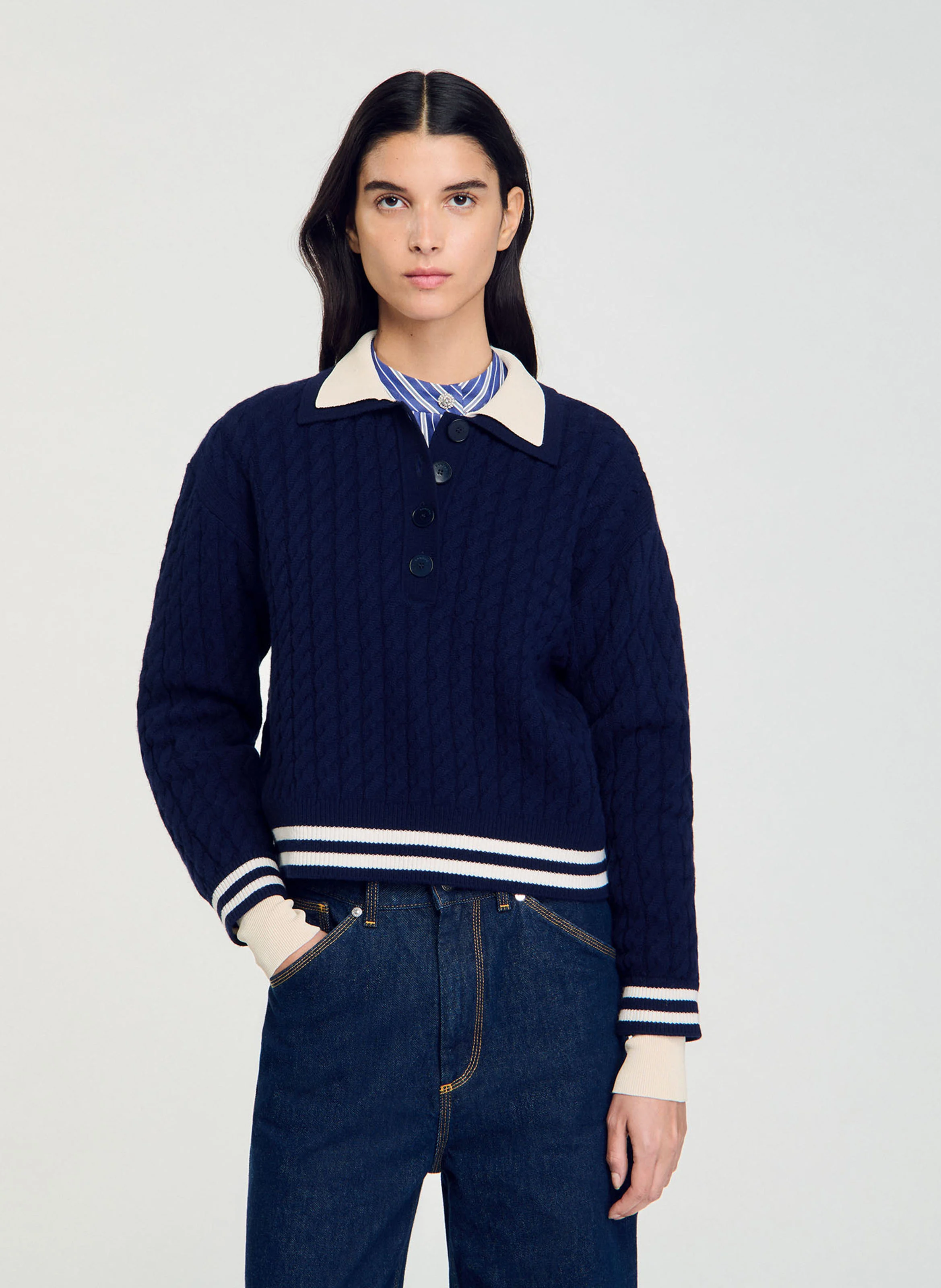 Pull droit col polo en laine et cachemire mélangé | Bleu