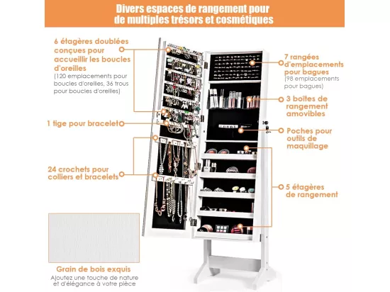 Armoire à bijoux sur pied,doublure et divers espaces de rangement, 41x36,5x146cm blanc