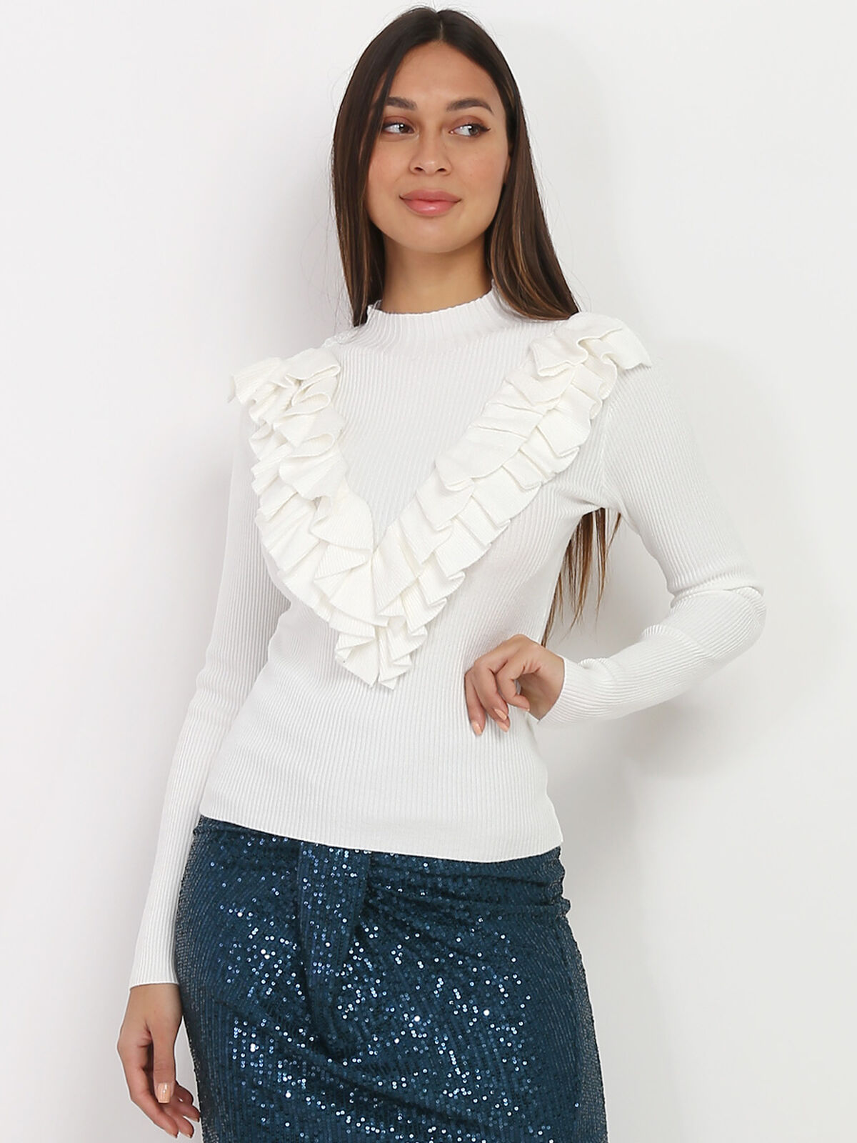 Pull côtelé à volants- Blanc