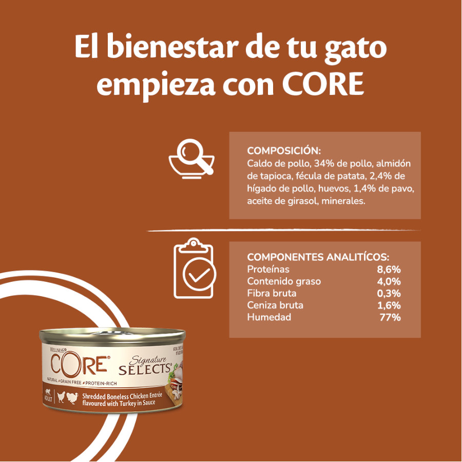 79 g Wellness Core desfiado de frango e pavo lata para gatos