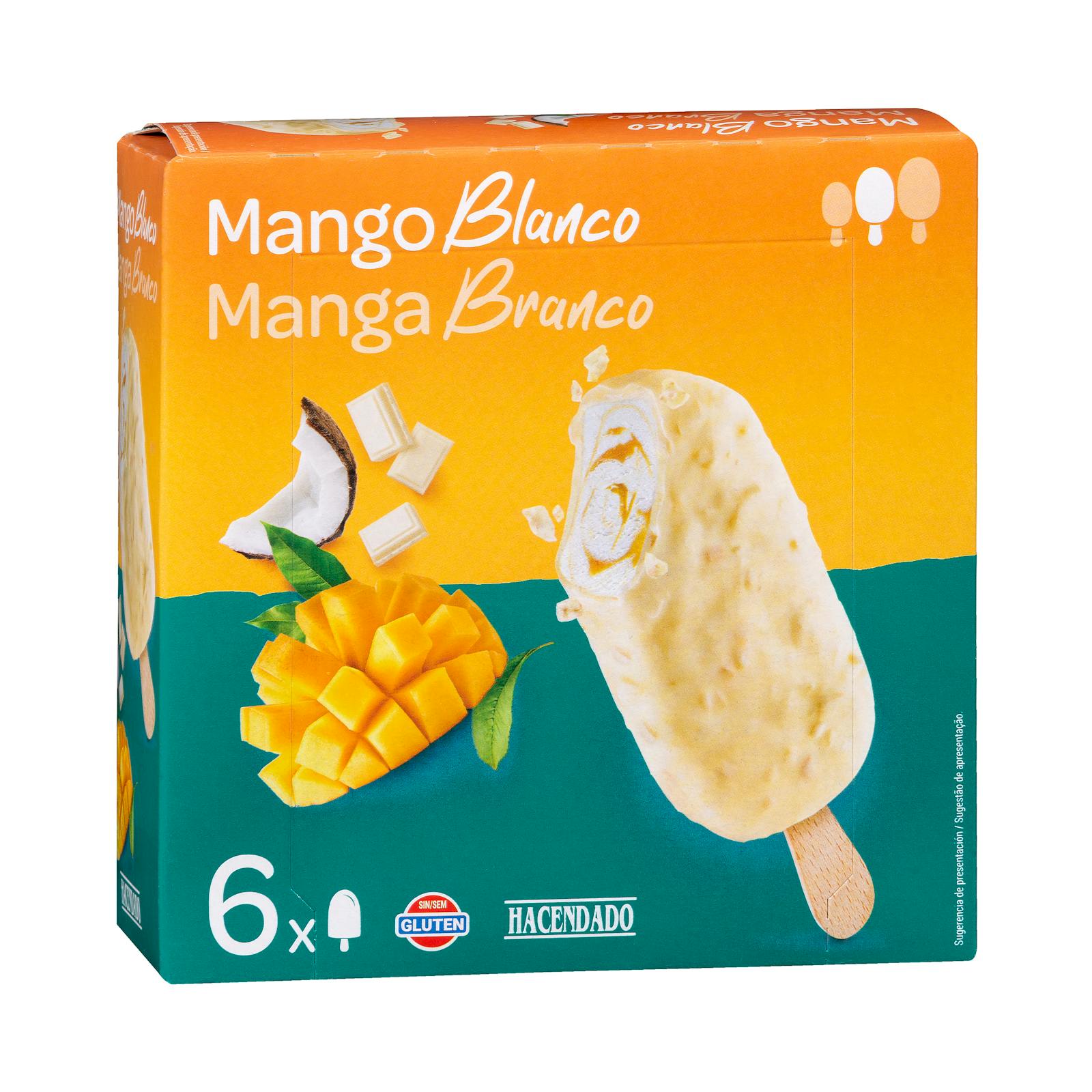 Glace bonbon à la mangue blanche Hacendado avec sauce à la mangue et enrobage de chocolat blanc avec morceaux de noix de coco croquants