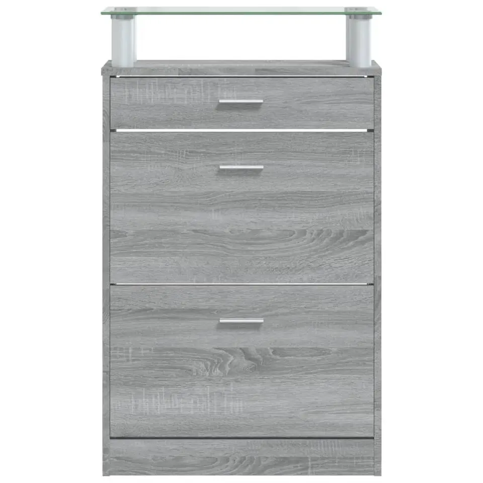 vidaXL - Schoenenkast met 3 kleppen en lade - Grijs sonoma met glazen bovenblad