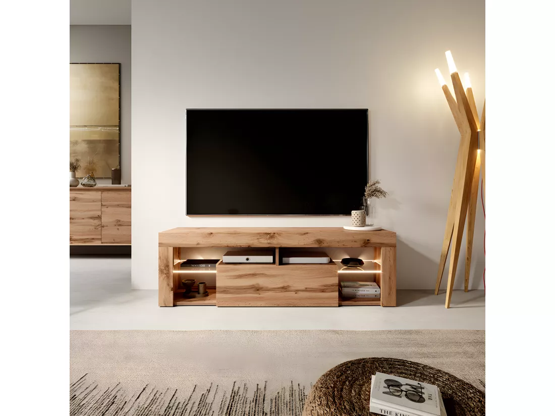 Meuble TV / Banc TV (140 cm, chêne lancaster, éclairage LED) - BIANKO