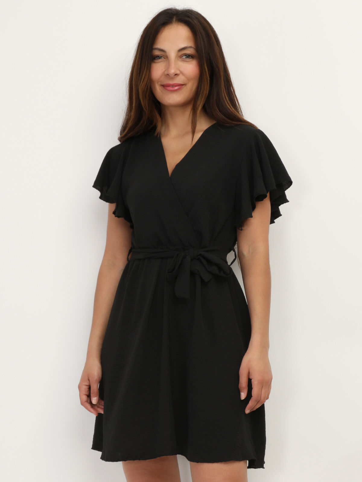 Robe cache-cœur ceinturée à volants- Noir