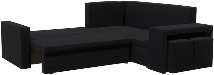 Kris L Ecksofa mit Schlaffunktion und Bettkasten, 220 × 203 cm L-Form Sofa, ausziehbar mit hochelastischem Schaumstoff und solidem Rahmen, Set mit 2 Hockern (Basic, Schwarz)