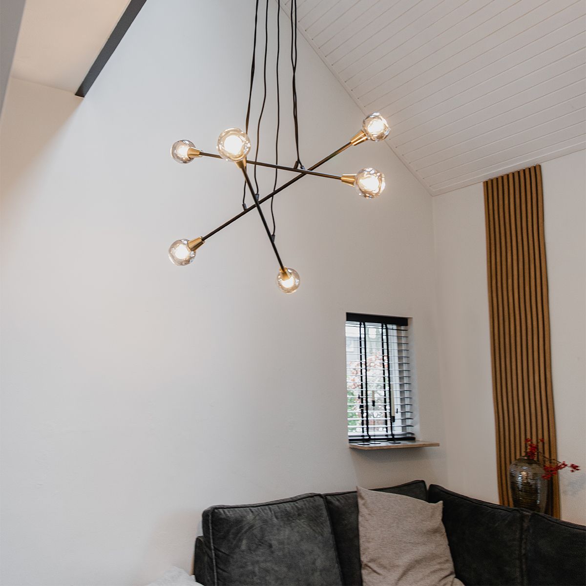 Hanglamp zwart met messing en smoke glas 6-lichts - Vidro