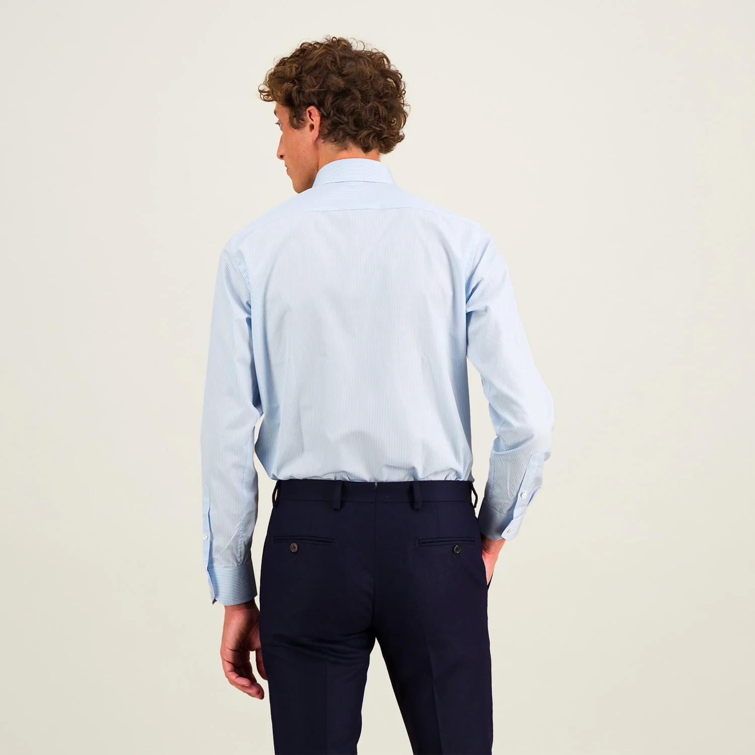 Double-twisted poplin shirt with blue and white stripes