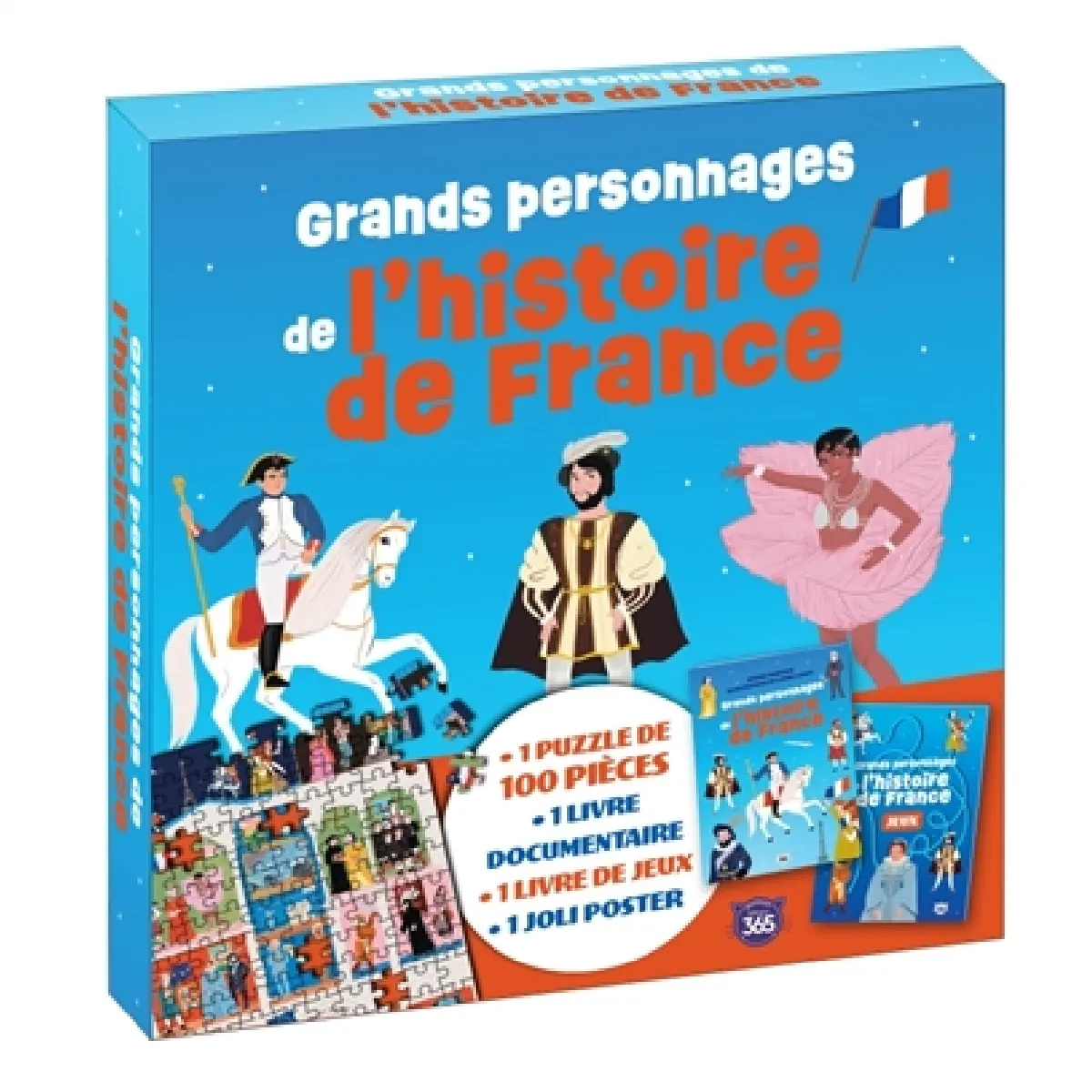 Grands personnages de l'histoire de France : 1 puzzle de 100 pièces, 1 livre documentaire, 1 livre de jeux, 1 joli poster