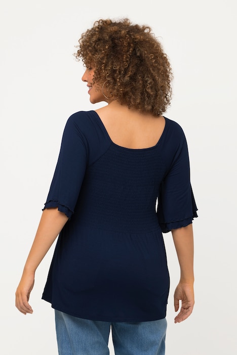Smok-Shirtbluse, A-Linie, Carree-Ausschnitt, Halbarm