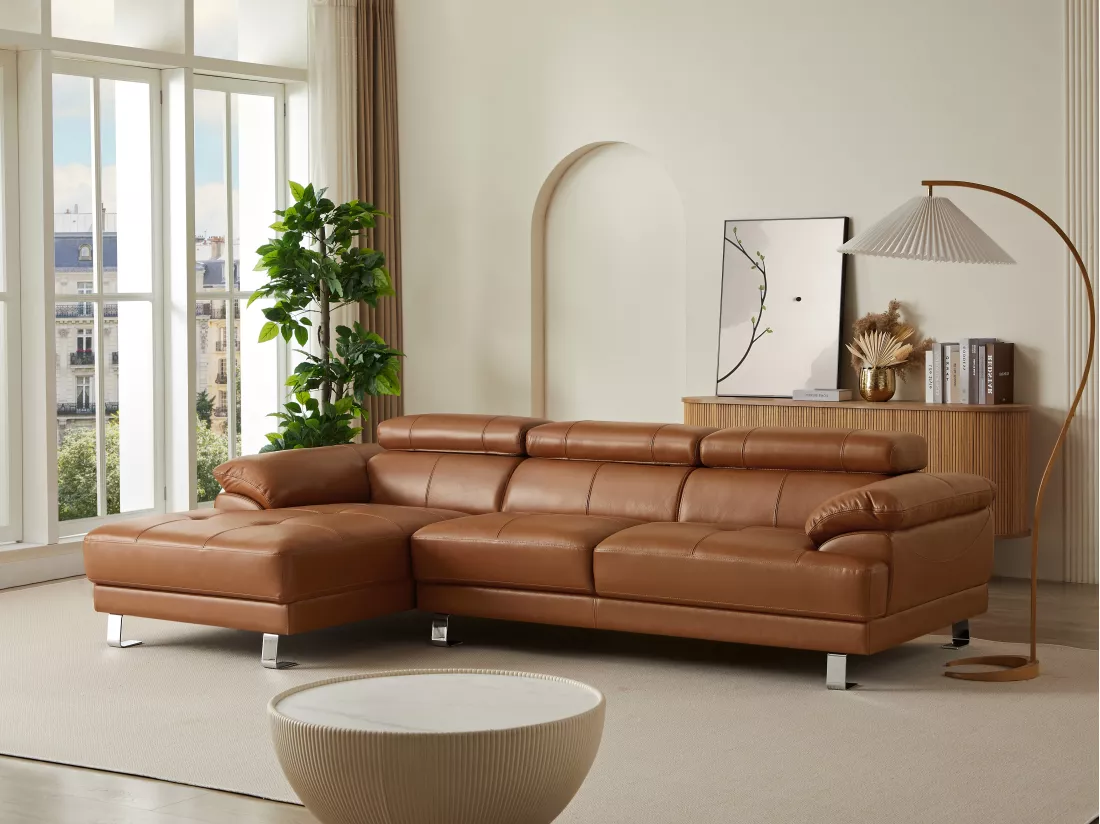 Canapé d'angle gauche en cuir premium camel EXCELSIORA