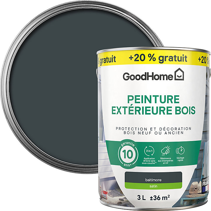 Peinture extérieure bois GoodHome Baltimore gris satin RAL 7016 2,5L + 20% gratuit