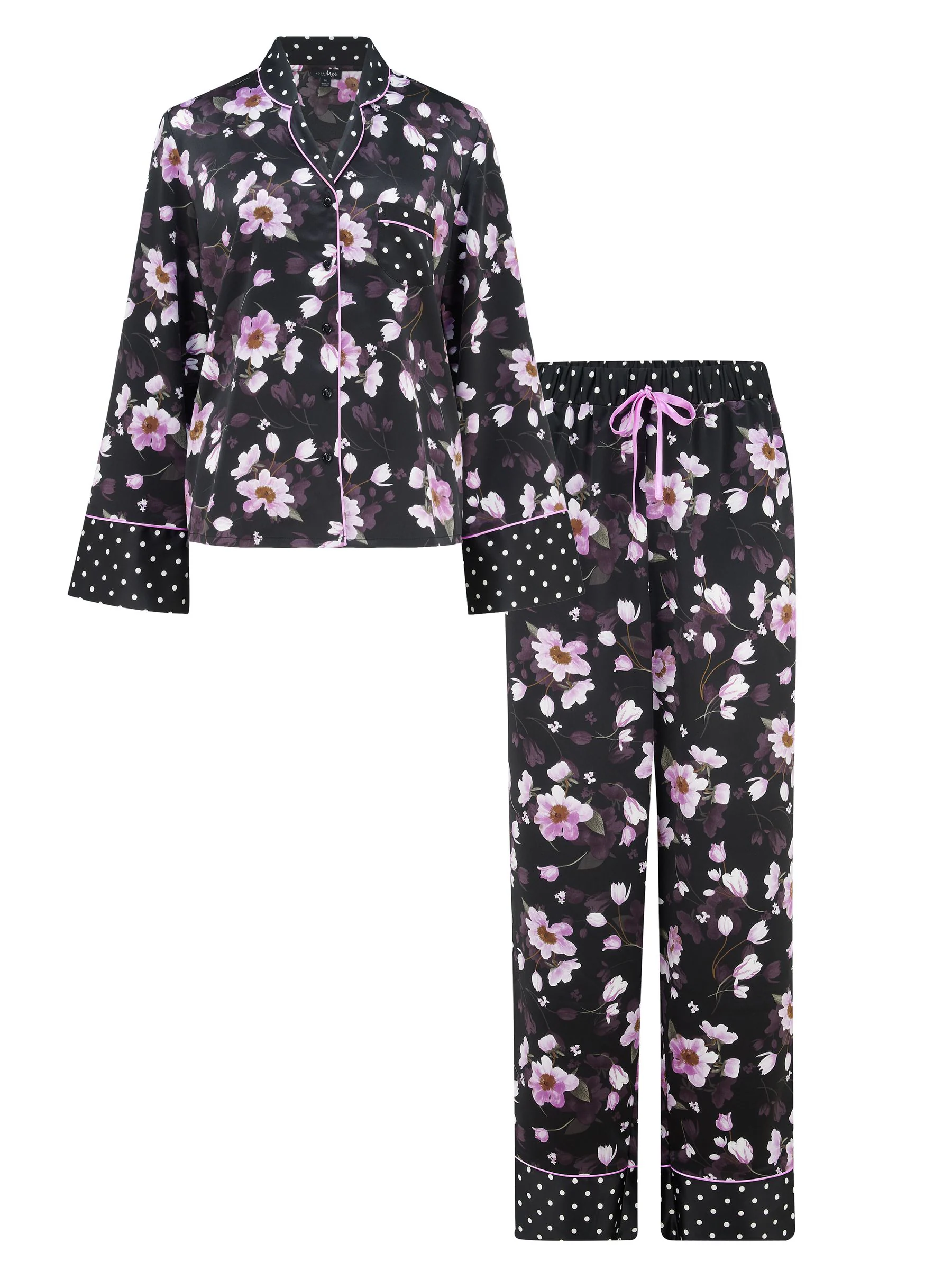 Pour Moi Luxe pyjama van satijn met Cubaanse kraag en gemengde print