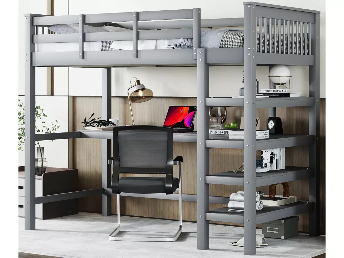 Lit mezzanine 90x200cm en bois - avec bureau et étagère de rangement - Gris