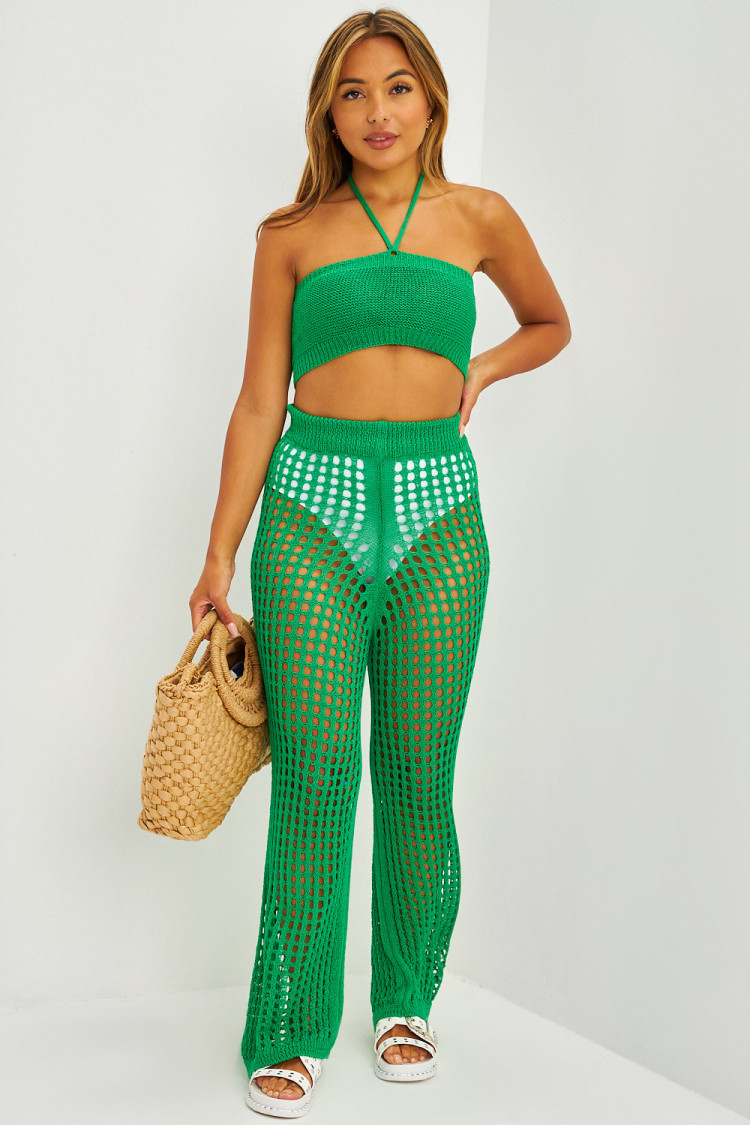 Ensemble top bandeau + pantalon en maille ajourée vert