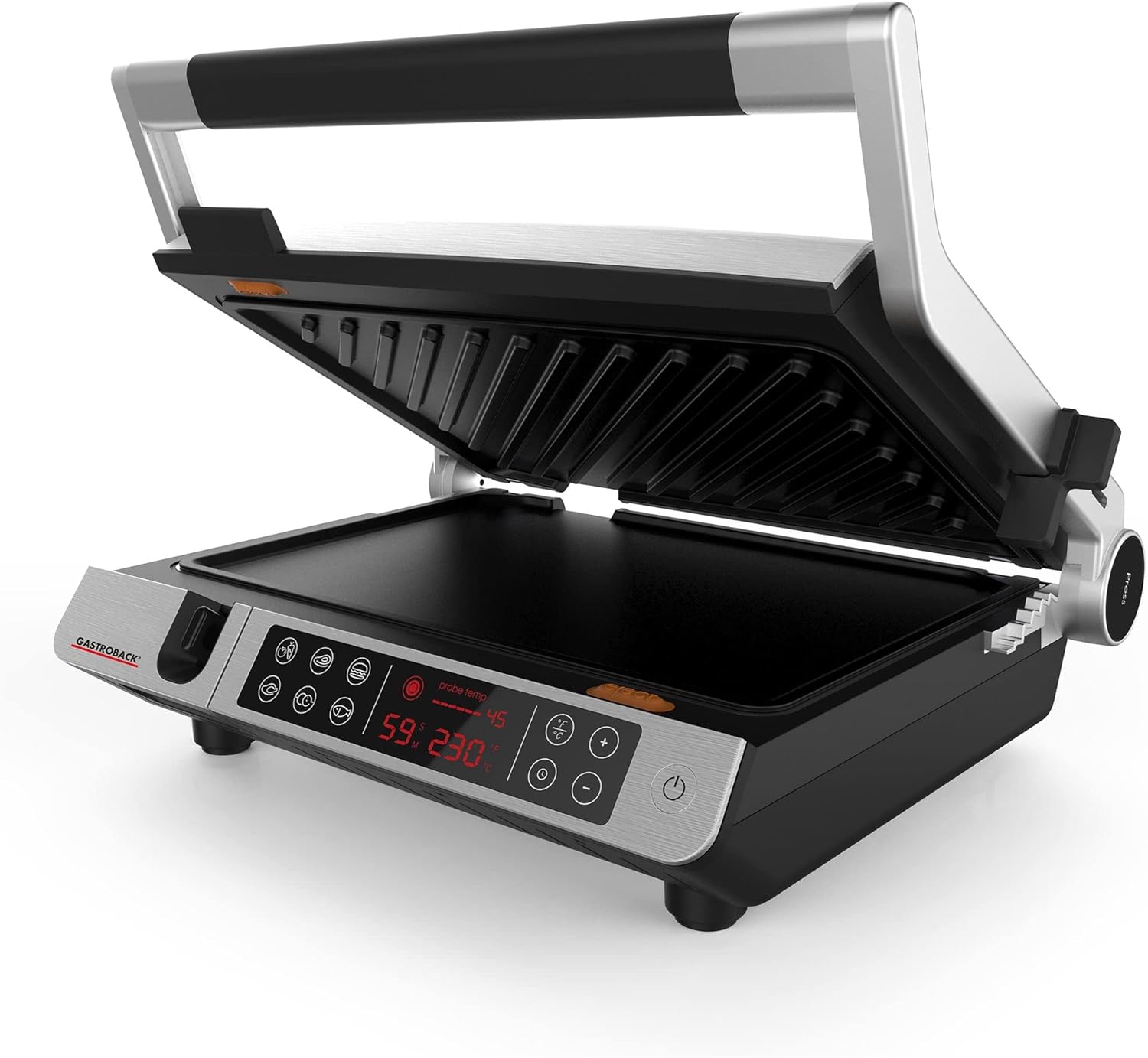 GASTROBACK Gastroback 62539 Design BBQ Advanced Control, Kontaktgrill, Tischgrill, BBQ, Innengrill, aufklappbar, Thermometerfühler, 60-Minuten-Timer, 6 Grillprogramme, Grillplatten spülmaschinenfest