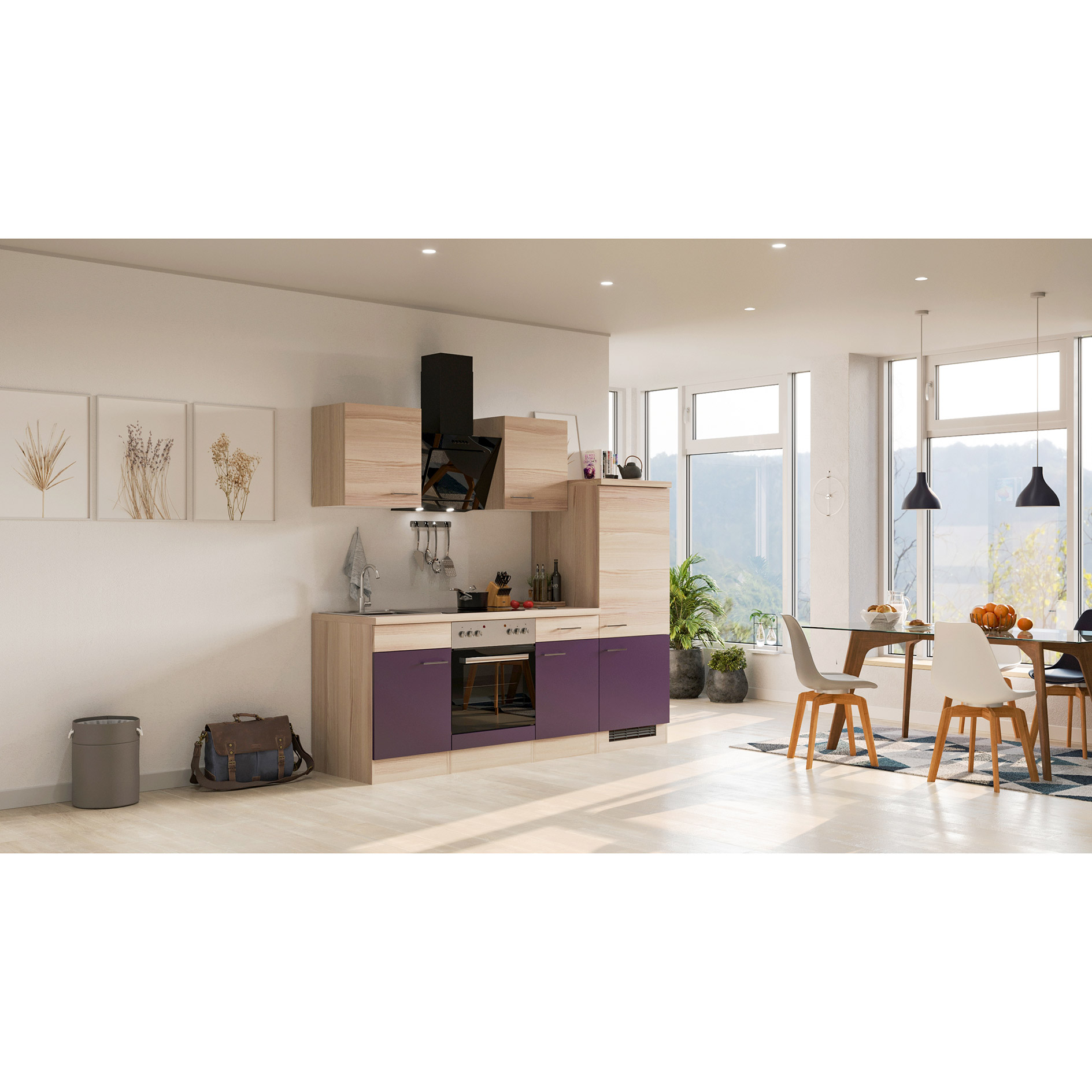 Küchenblock FOCUS - Akazie - Aubergine - mit E-Geräten - 220 cm