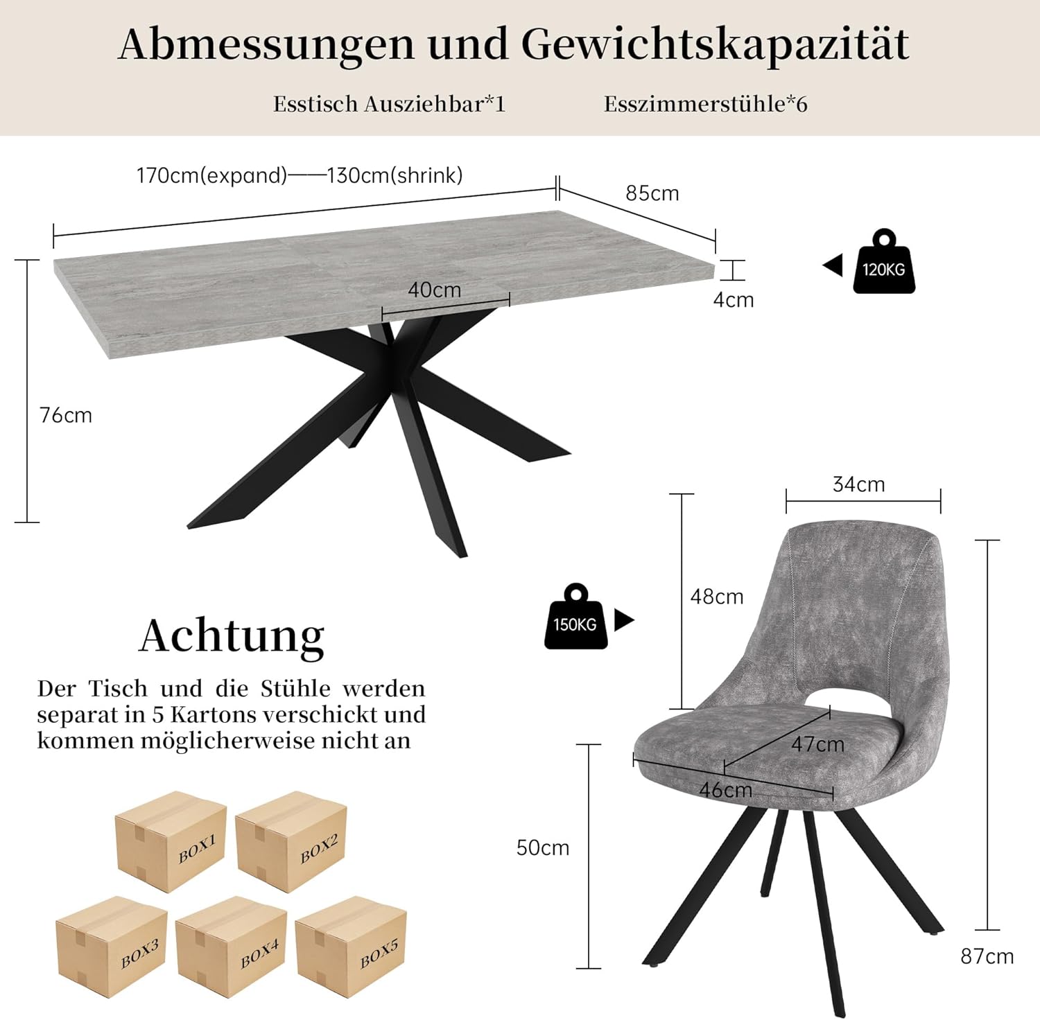 JIEXI Essgruppen Für 4-6 Personen, Esstisch Ausziehbar Mit Stühlen, Moderner Grauer MDF-Holztisch, Geeignet Für Wohnzimmer, Küche (130-170cm Tisch + 6 X-förmig Grau Stühle)