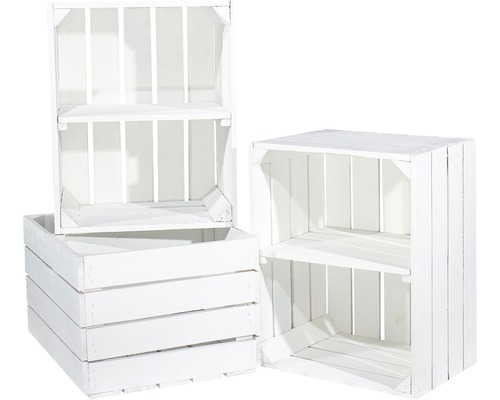 Vintage witte fruitkist met horizontale middenplank, 50x40x30 cm, set van 3