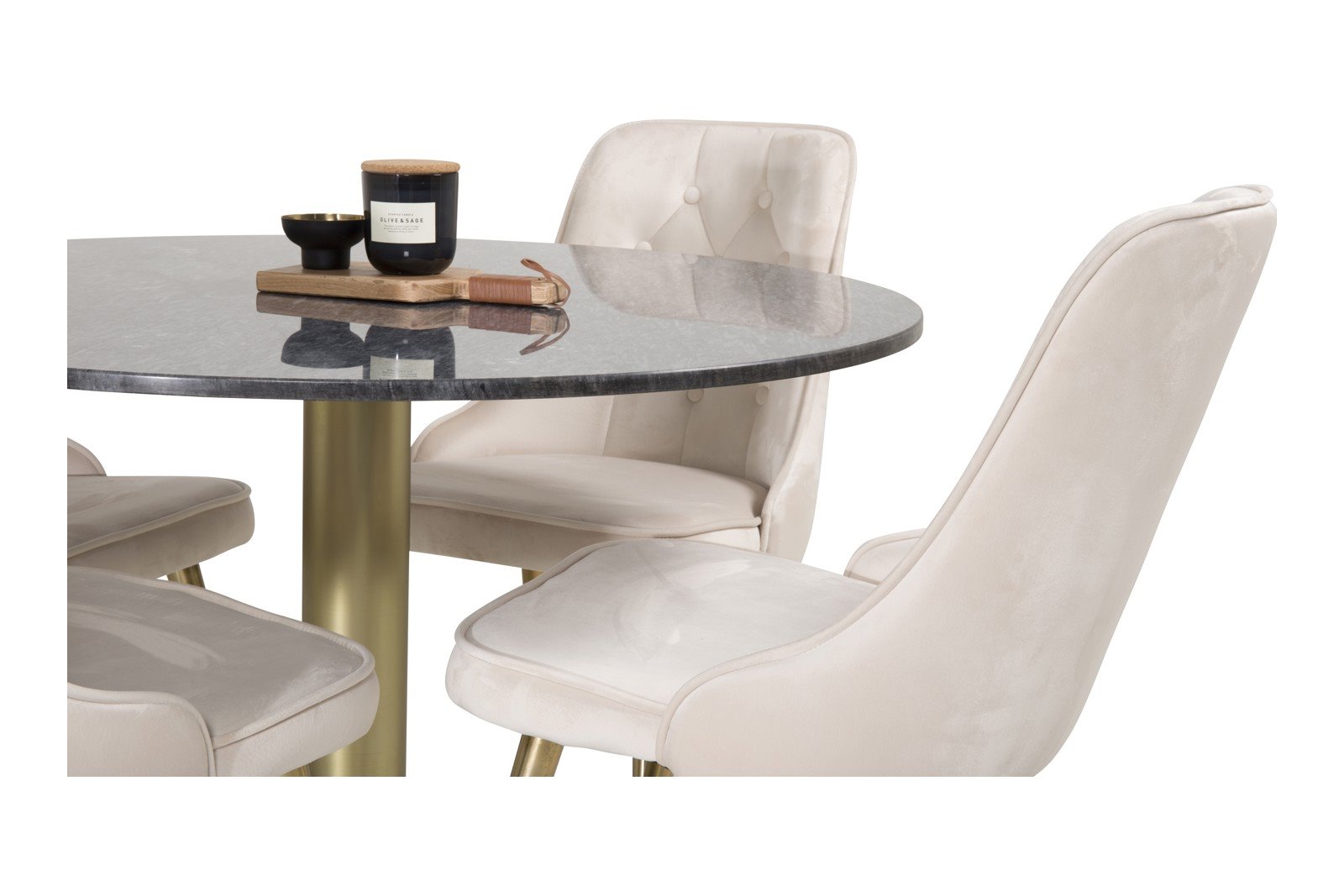 Estelle og Velvet Deluxe Spisegruppe Estelle rundt spisebord ø106 cm i mørk grå marmor og messing ben med 4 stk. Velvet Deluxe spisestoler i Beige fløyel og messing ben
