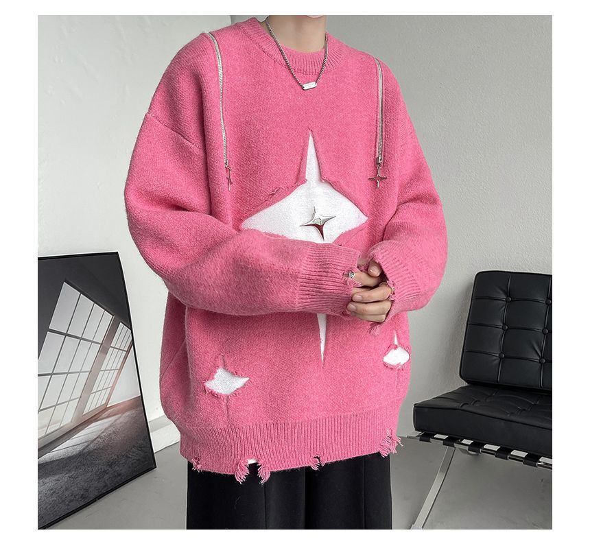 ROOSE - Oversized trui met ronde hals en tweekleurige ritsaccenten