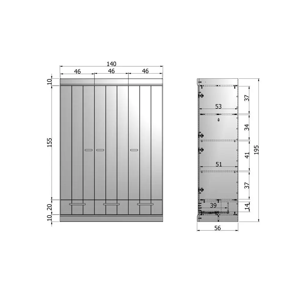 WOOOD Connect Kledingkast 3-Deurs met Lade - Grenen - Wit - 195x140x53