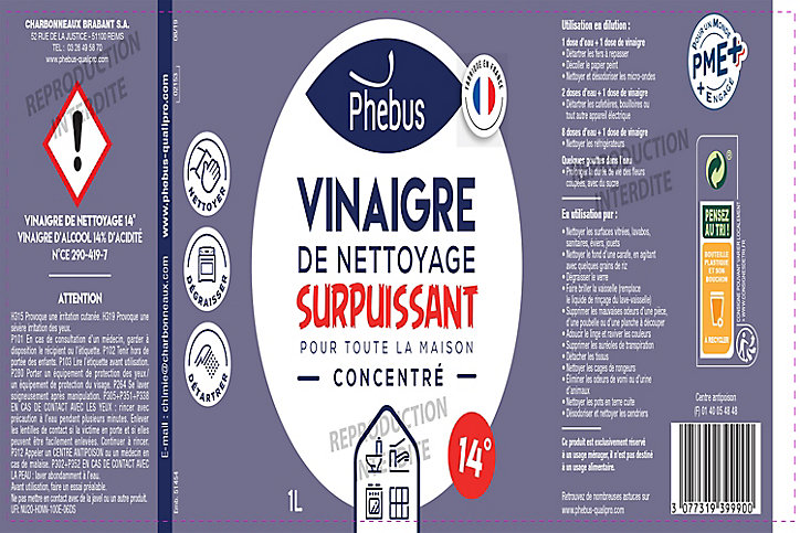 Vinaigre de nettoyage surpuissant concentré 14° Phebus 1L