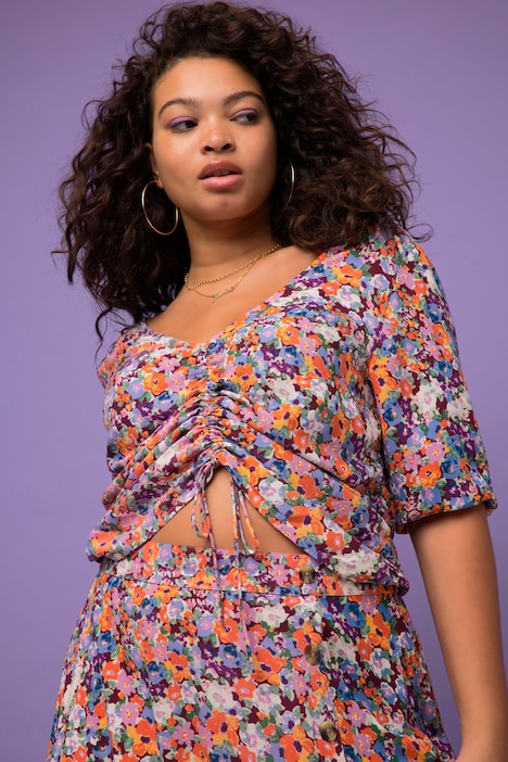 Bluse, V-Ausschnitt, Flower Print, 3/4-Arm, Raffung