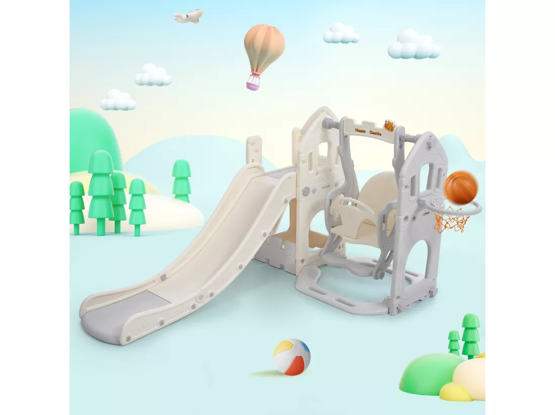 Ensemble de toboggan 5 en 1 pour enfants - 179 x 184 x 103cm - en HDPE - avec balançoire et espace de rangement - Gris