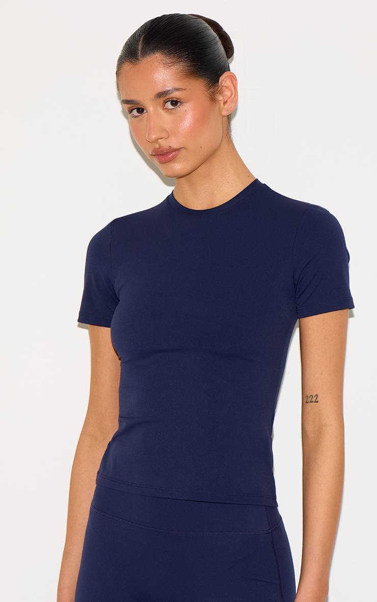 Bleu Nuit Haut De Sport Tall Moulant Chiné À Manches Courtes Et Coupe Longue