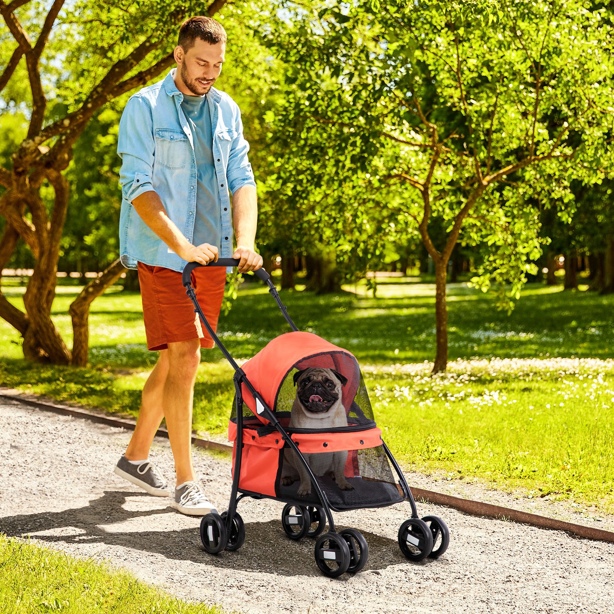 Carrinho dobrável PawHut para cães e gatos com janelas de tela, almofada lavável, cintos de segurança, capa de tecido Oxford e estrutura de aço, 82x47x97 cm, vermelho.