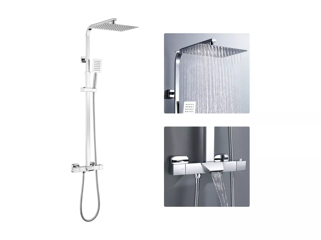 AURALUM MAX Colonne de douche thermostatique,3 Fonctions Kit de Douche en laiton,avec Mitigeur Douche Cascade,Hauteur Réglable 98.5-129.5 cm,Chromé