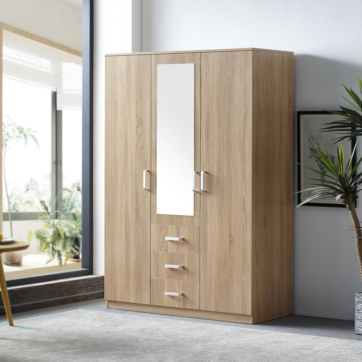 [en.casa] Kleiderschrank Bodolz Schrank mit 3 Türen Garderobenschrank mit Spiegel 176 x 120 x 52 cm Schlafzimmerschrank 1 Kleiderstange 3 Schubladen 5 Fächer Sonoma-Eiche