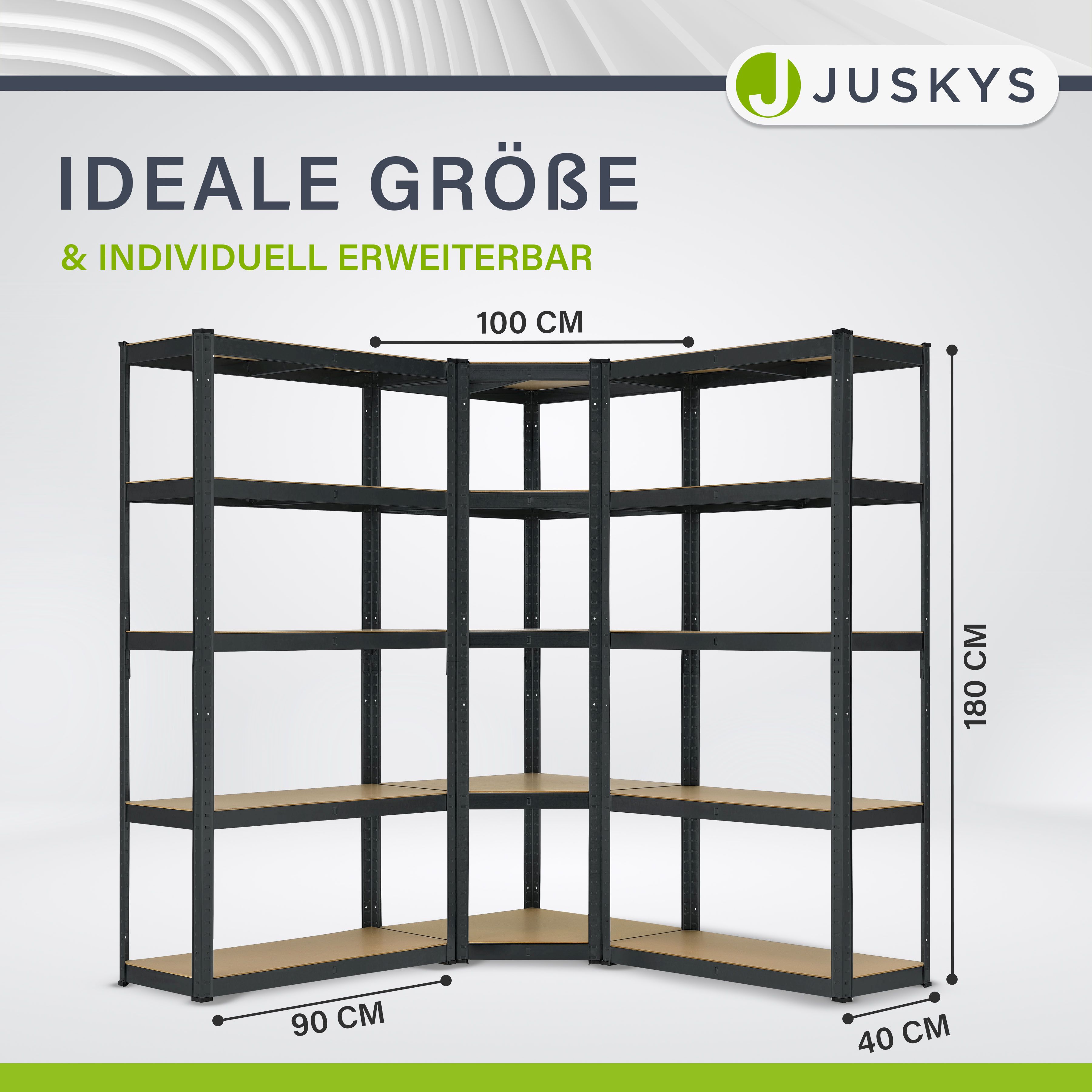 Juskys 3er Metall Regalsystem | 1 Eckregal & 2 Lagerregale | 15 Böden aus MDF Holz | 2625 kg Grau