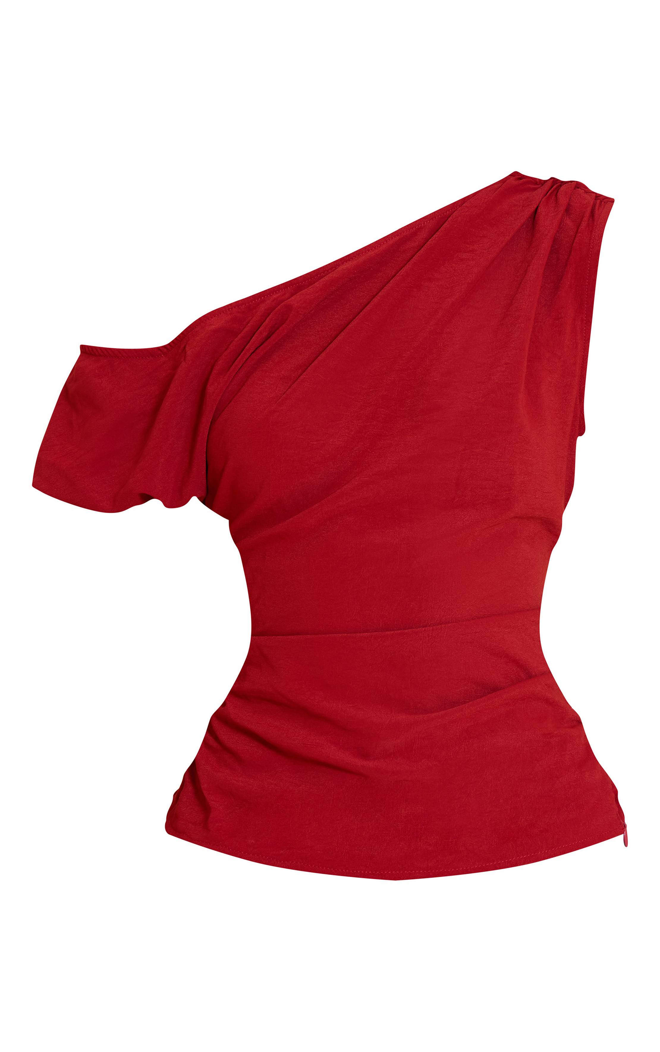 Rouge Profond Top Asymétrique À Une Épaule En Tissu Fluide Froncé Imprimé Tie Dye