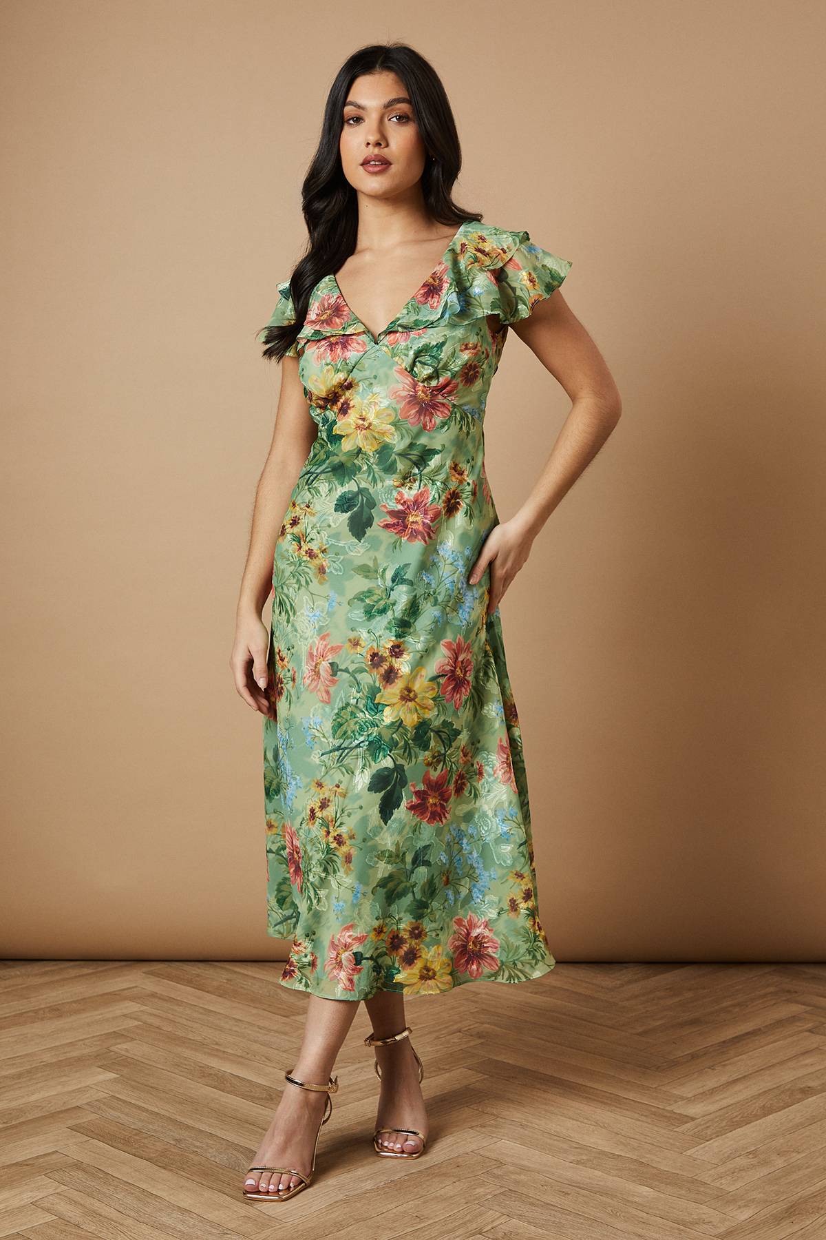 Oasis Robe Midi à Volants en Satin Dévoré Floral