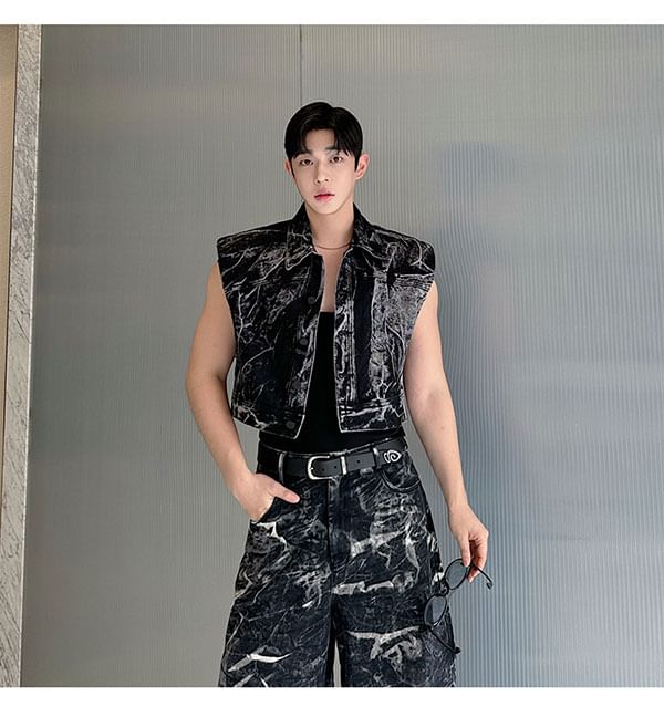 Freehop - Set: Gestreept denim vest met kraag en knopen + rechte jeans met middelhoge taille