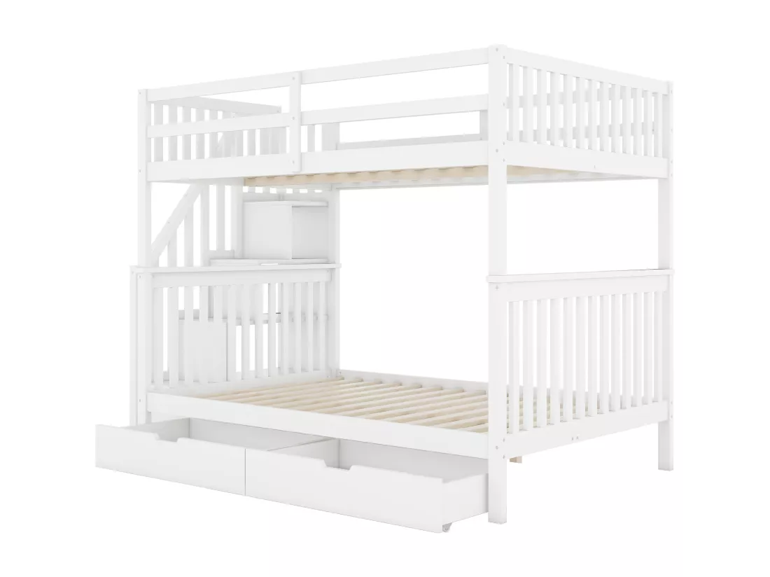 Lits superposés 2 x 140 x 200 cm pour enfant - étagère d'escalier + 2 tiroirs - bois MDF - Blanc