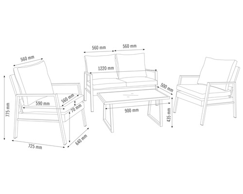 Garden Place polyrattan tuinmeubelset, 4-zits, 4-delig, inclusief tafel (90 x 50 x 43,5 cm) en kussens, antracietbruin