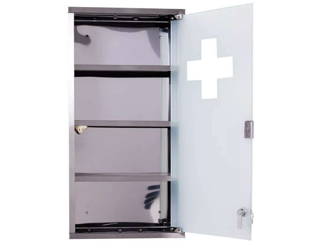 Armoire à pharmacie 3 étagères 4 niveaux 30L x 12l x 60H cm porte verre trempé symbole croix acier inoxydable brossé