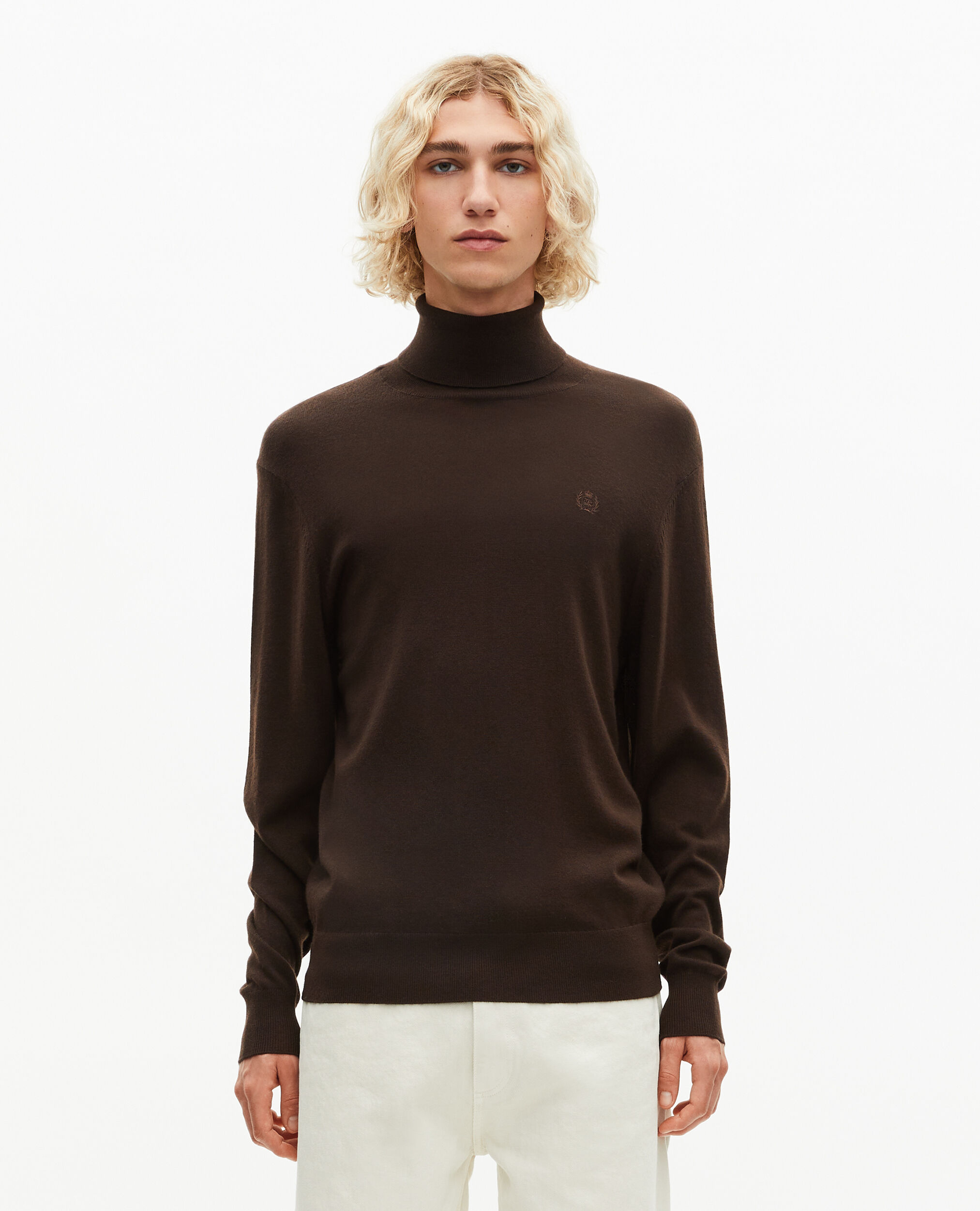 Pull col roulé en laine mérinos marron