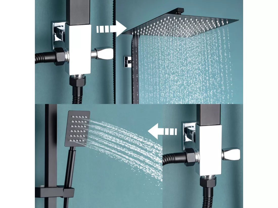 Colonne de Douche Noir Sans Mitigeur Système Douche avec Douchette à Main et Tête Douche, Ensemble Douche Hauteur Réglable 690-1130cm Salle de Bain WC