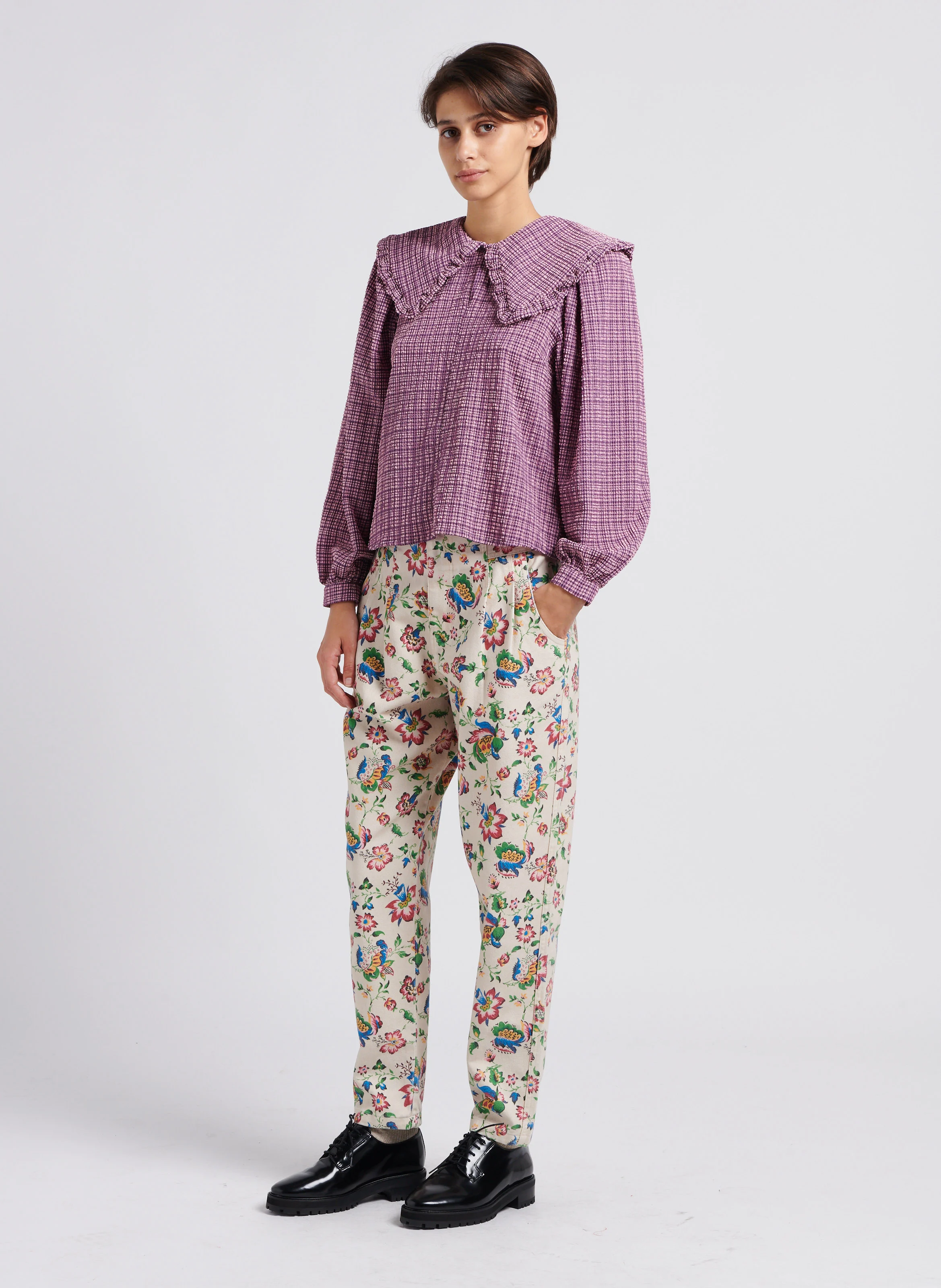 RENE - Pantalon carotte imprimé à fleurs en coton mélangé | Bleu