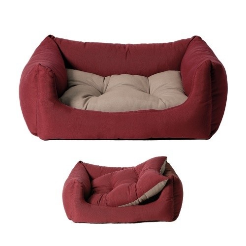 Cama de lona confortável para cães nas cores bordô e bege.