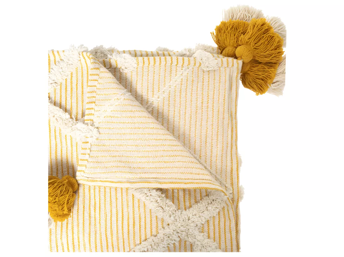 Jeté de lit en Coton Ocre tufté avec Pompons 130 x 180 cm