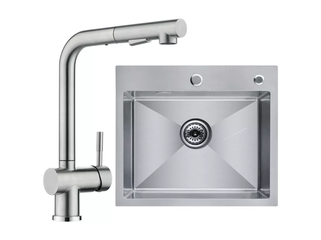 Cecipa max 2 en 1 Évier de cuisine Brossé 50 x 45 x 18,5 cm + Mitigeur de Cuisine Extractible Brossé Avec 2 modes de pulvérisat