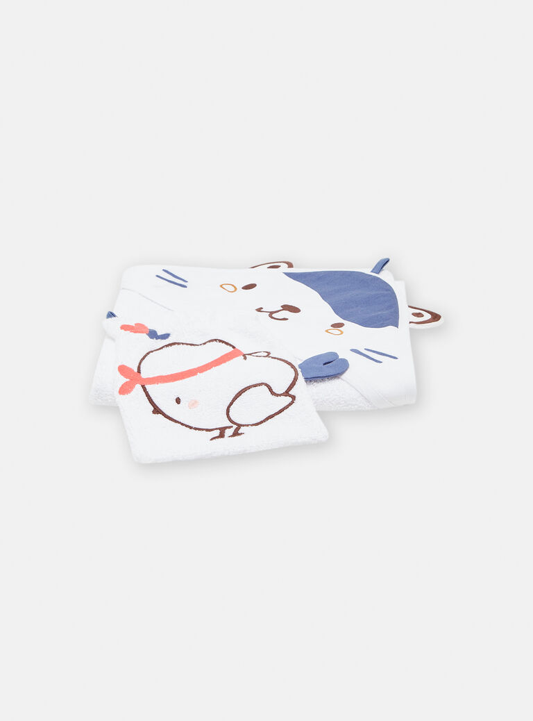 Pointe éponge et gant de toilette écru motif chat